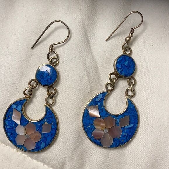 Genuine Lapis & mother of  Signed Alpoco Mexico Silver Mosaic  Flower Earrings - Picture 1 of 11